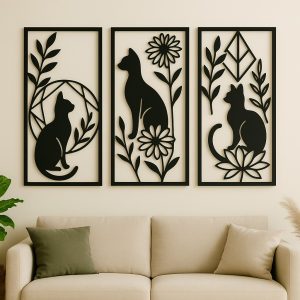 Tríptico Gatos Místicos – Decoración Minimalista